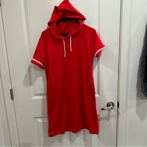 Red Hooded Dress with White Trim